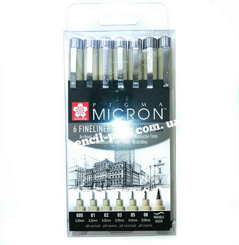 фото Набір лінерів PIGMA Micron 6 шт+ Brush Чорний POXSDK7B Sakura d:0,2-0,5 мм.