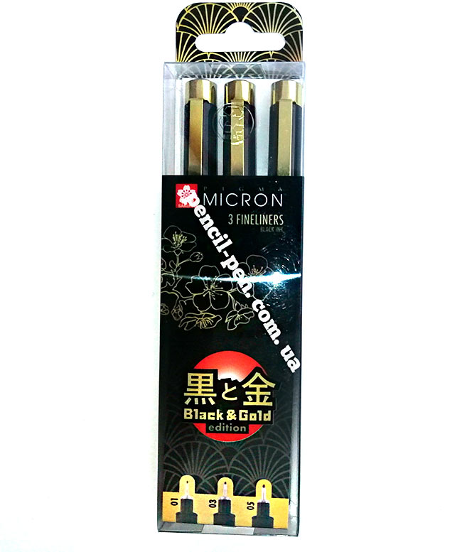 фото Набір лінерів PIGMA Micron Black & Gold, 3 шт Чорний POXSDKB3YOS Sakura d:0,25-0,45 мм.
